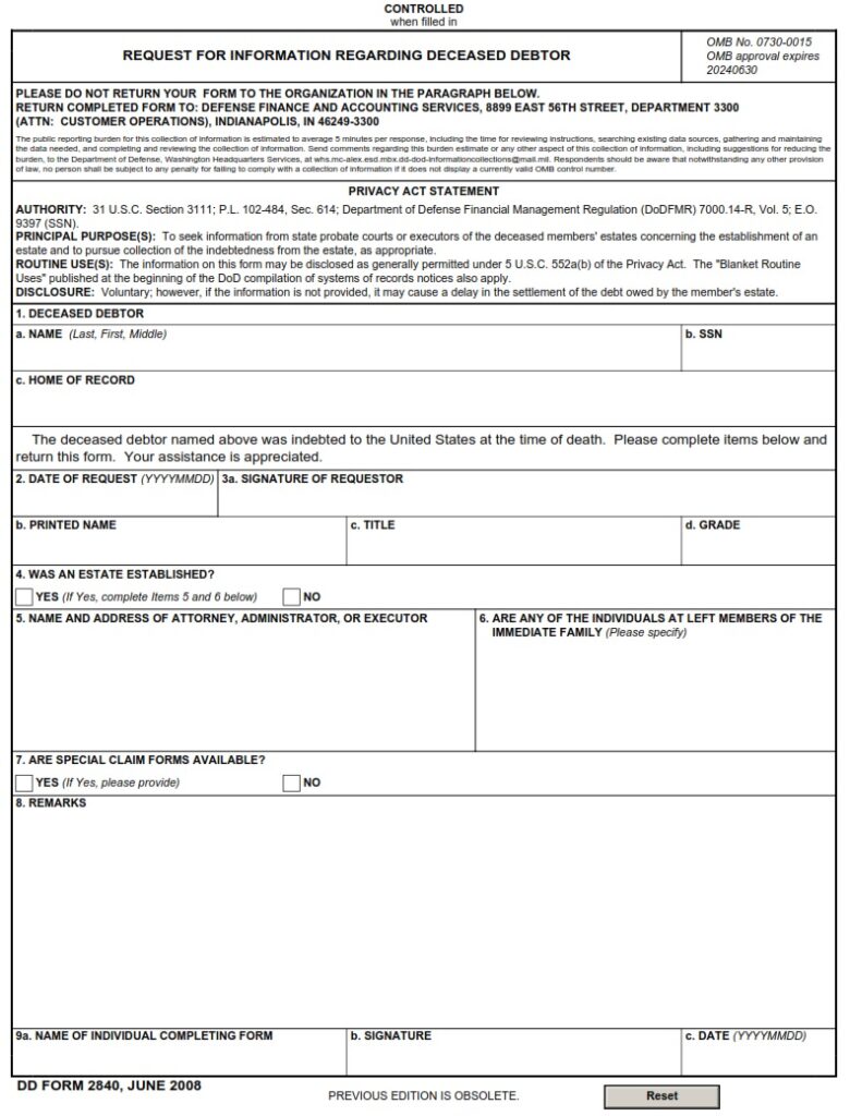 DD Form 2840 – Request for Information Regarding Deceased Debtor - DD Forms