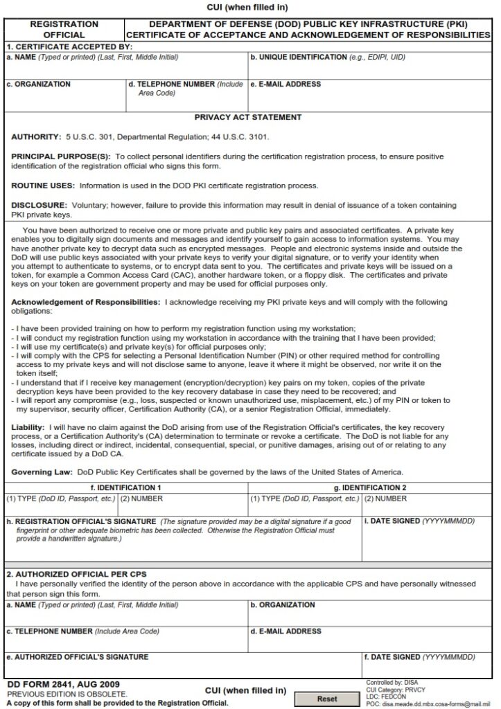 DD Form 2841 – DoD Public Key Infrastructure (PKI) Registration ...