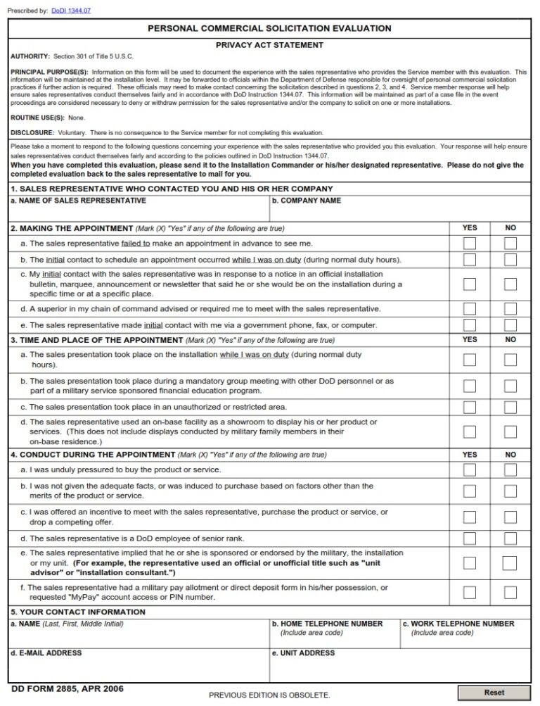 DD Form 2885 – Personal Commercial Solicitation Evaluation - DD Forms