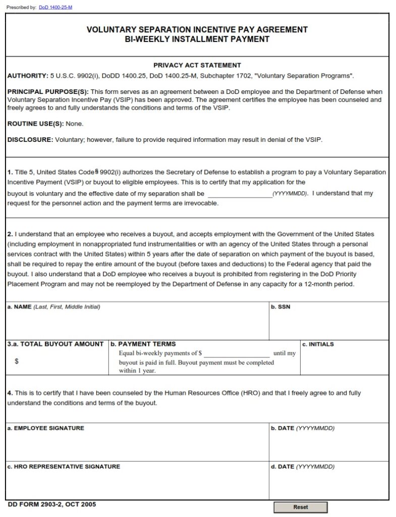 DD Form 29032 Voluntary Separation Incentive Pay Agreement BiWeekly Installment Payment DD