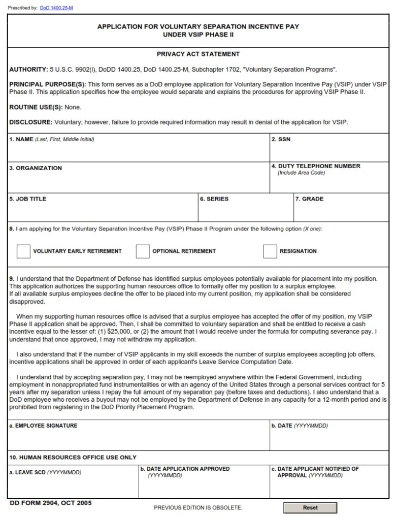 DD Form 2904 – Application for Voluntary Separation Incentive Pay Under ...