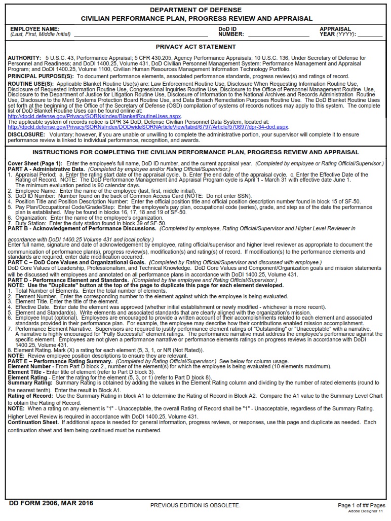 DD Form 2906 Department Of Defense Civilian Performance Plan