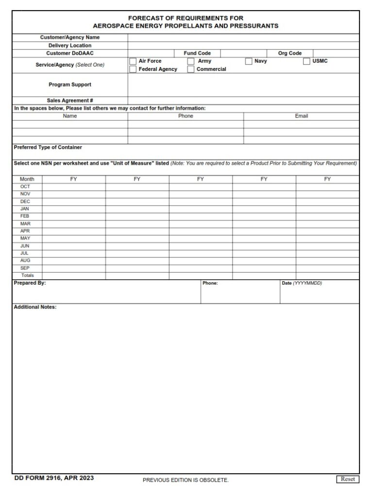 DD Form 2916 Forecast of Sales Requirements DD Forms