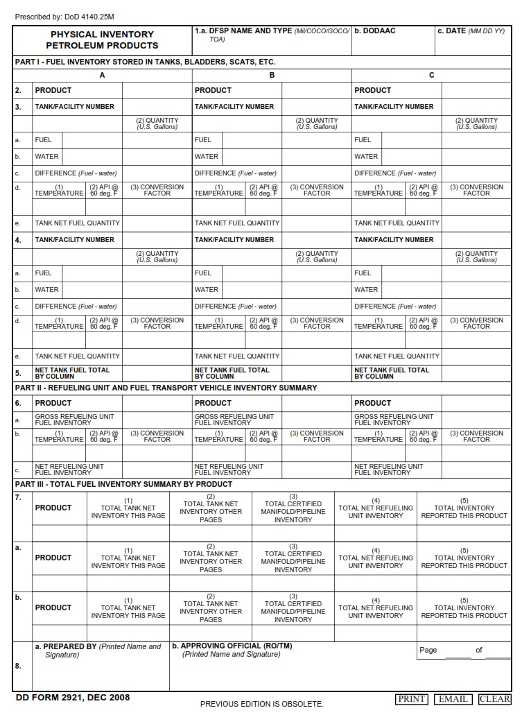 DD Form 2921 Physical Inventory Petroleum Products DD Forms