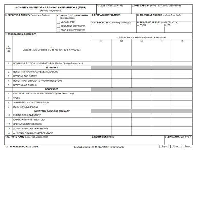 Dd Form 2924 Monthly Inventory Transactions Report Missile Propellants Dd Forms 9125