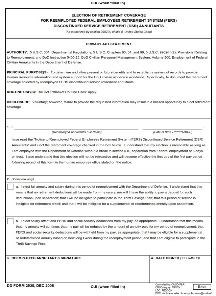 DD Form 2938 Election of Retirement Coverage for Reemployed Federal Employees Retirement