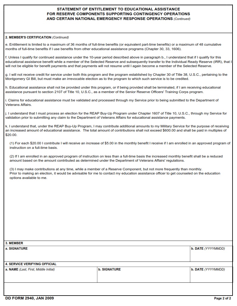DD Form 2940 Statement Of Entitlement To Educational Assistance For