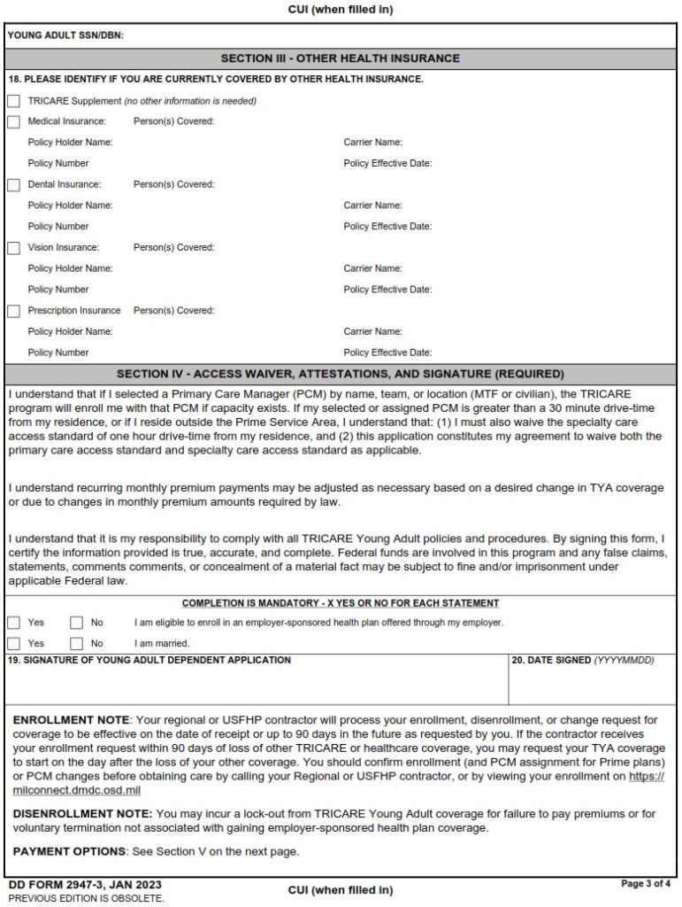 DD Form 2947-3 – TRICARE Young Adult Application (OVERSEAS) - DD Forms