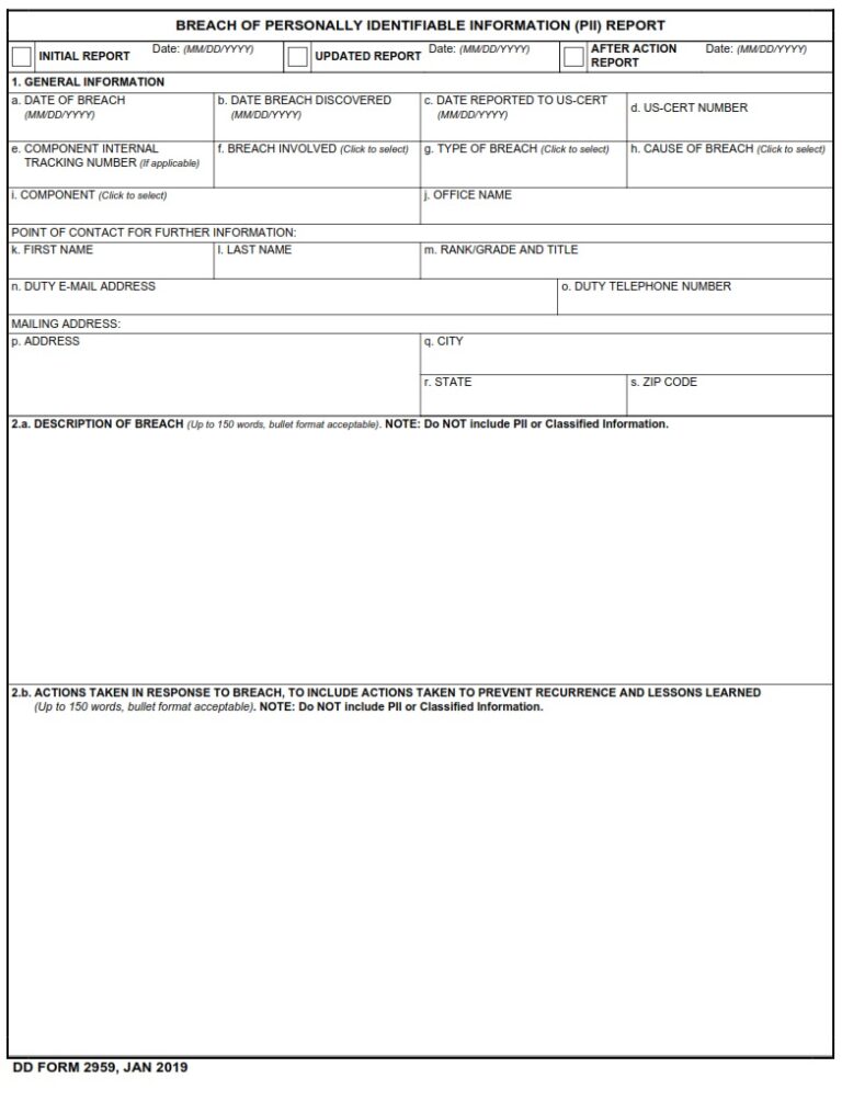 DD Form 2959 – Breach of Personally Identifiable Information (PII ...