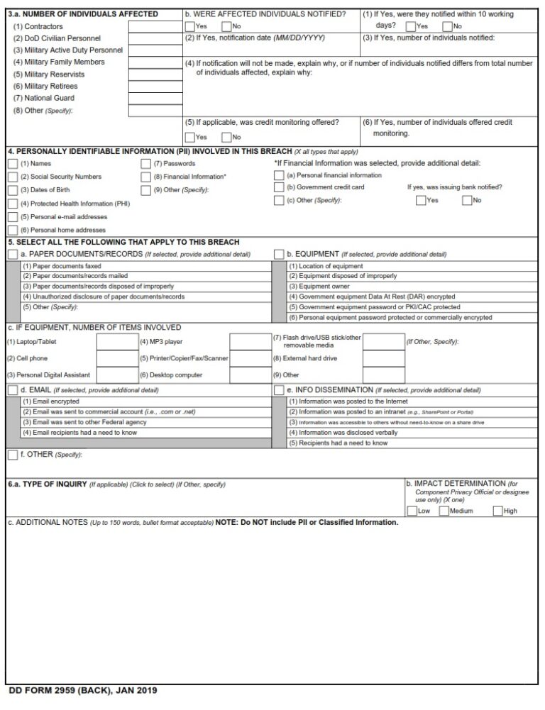 DD Form 2959 – Breach of Personally Identifiable Information (PII ...