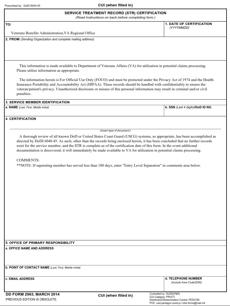 DD Form 2963 Service Treatment Record STR Certification DD Forms