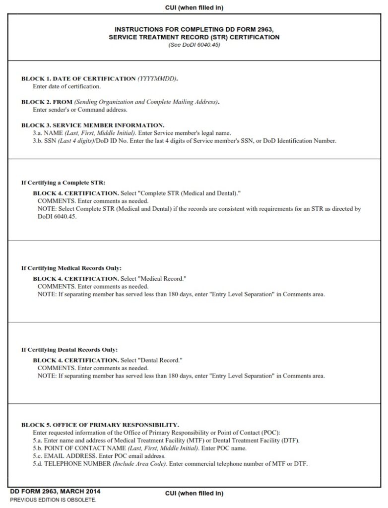 DD Form 2963 Service Treatment Record STR Certification DD Forms
