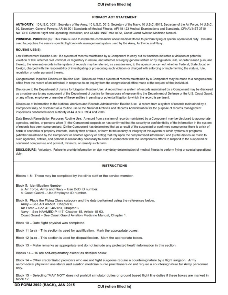 DD Form 2992 Medical Recommendation For Flying Or Special Operational