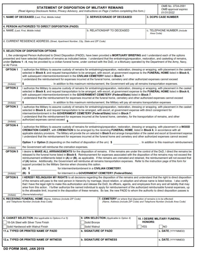 DD Form 3045 – Statement of Disposition of Military Remains - DD Forms