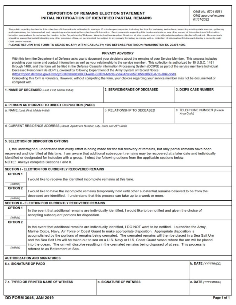 DD Form 3046 – Disposition of Remains Election Statement Initial ...