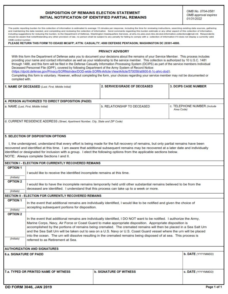 DD Form 3046 – Disposition of Remains Election Statement Initial ...