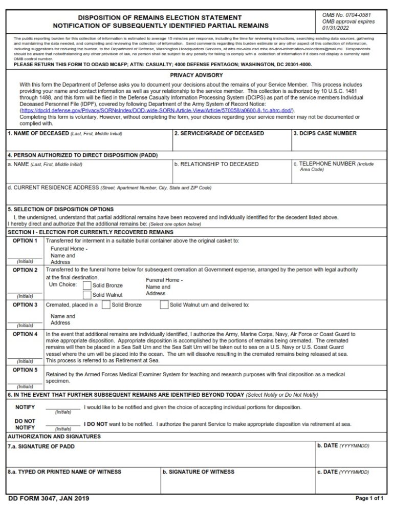 DD Form 3047 – Disposition of Remains Election Statement Notification ...