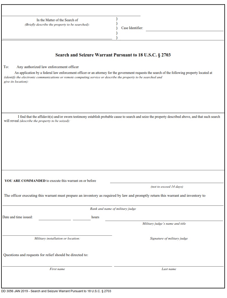 DD Form 3056 Search And Seizure Warrant Pursuant To 18 U S C 2703