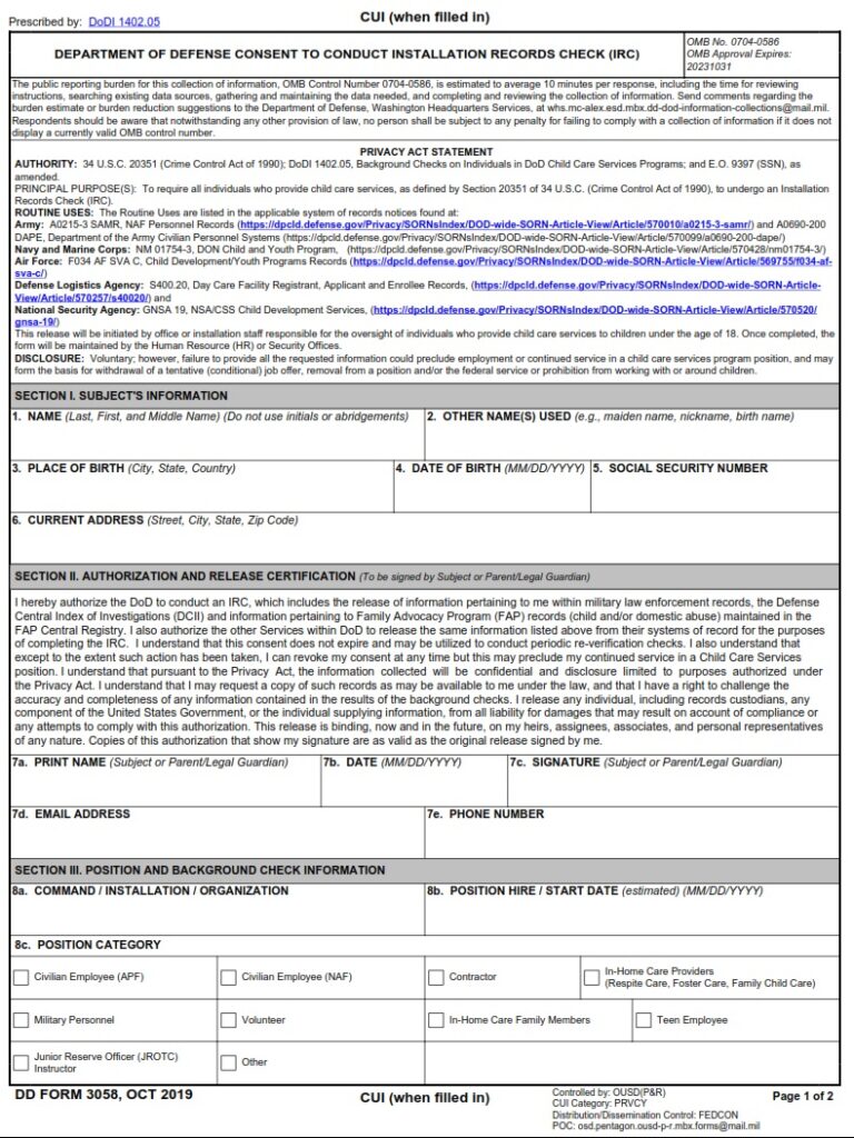 DD Form 3058 – Department of Defense Consent to Conduct Installation ...