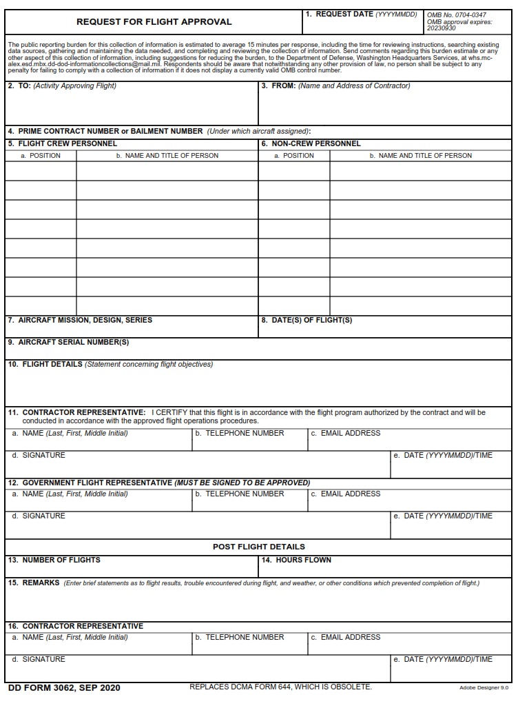 DD Form 3062 Request For Flight Approval DD Forms