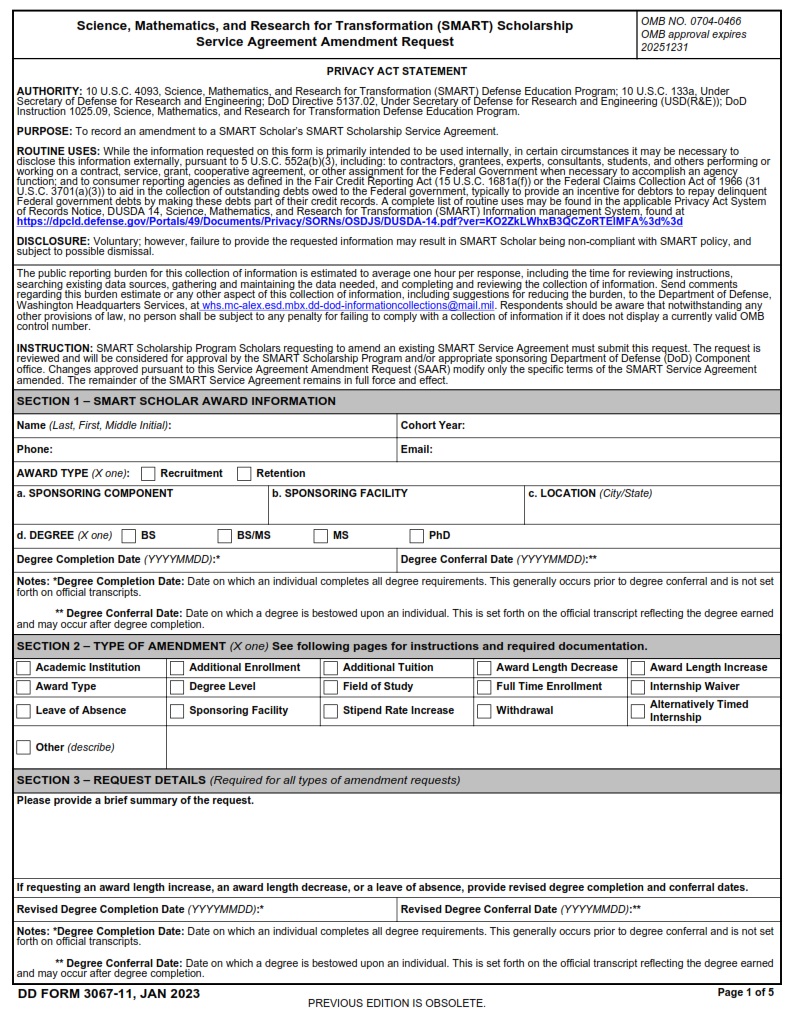 DD Form 3067 11 SMART Scholarship Service Agreement Amendment Request