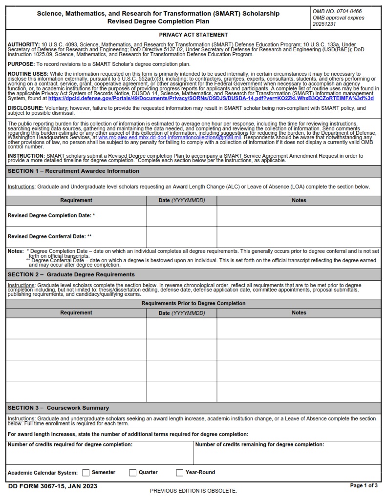 DD Form 3067 15 SMART Scholarship Revised Degree Completion Plan DD