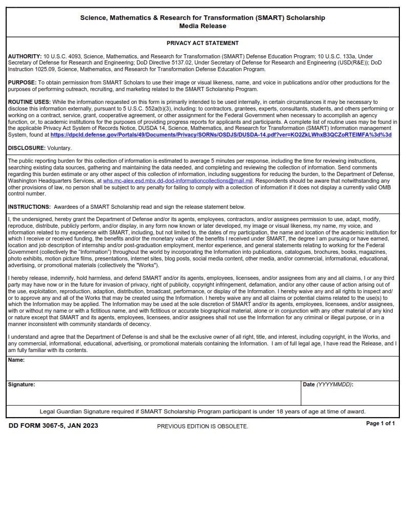 DD Form 3067 5 SMART Scholarship Media Release DD Forms