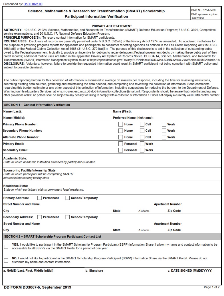 DD Form 3067 6 SMART Scholarship Participant Information Verification