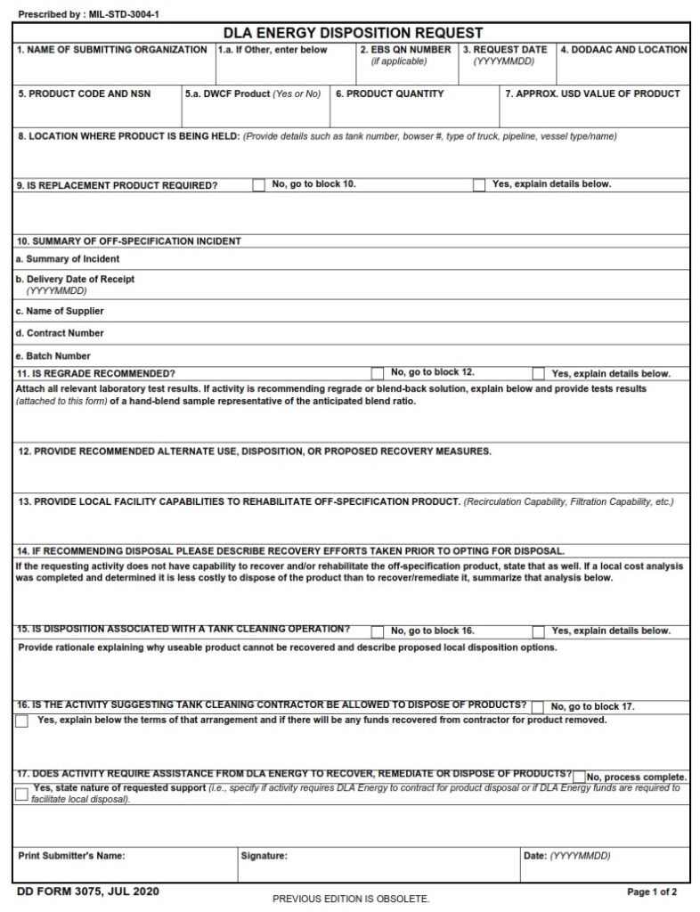 DD Form 3075 – DLA Energy Disposition Request - DD Forms