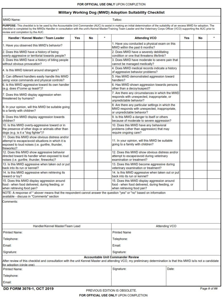 DD Form 3076-1 – Military Working Dog (MWD) Adoption Suitability ...