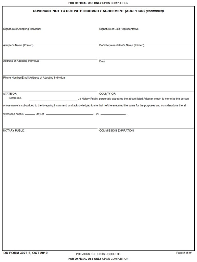 DD Form 3076-5 – Military Working Dog (MWD) Covenant Not to Sue with ...