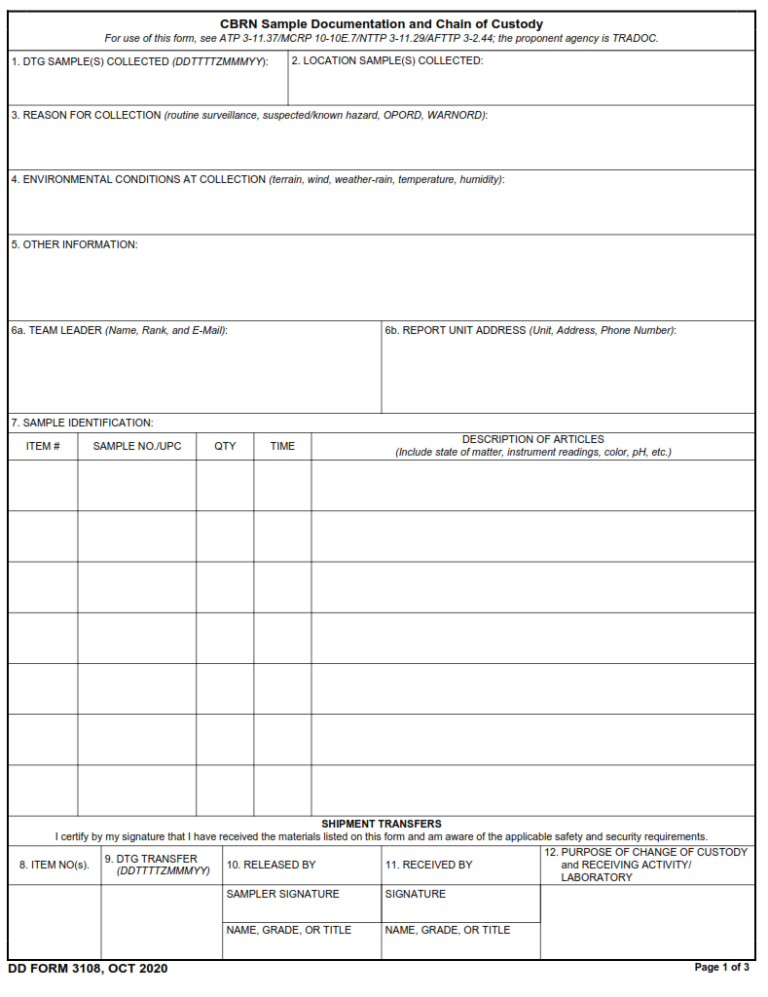 Dd Form 3108 Cbrn Sample Documentation And Chain Of Custody Dd Forms 3915