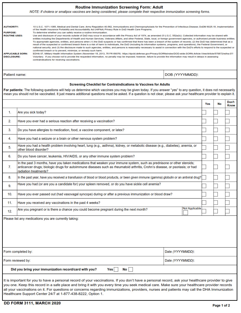 DD Form 3111 Routine Immunization Screening Form Adult DD Forms