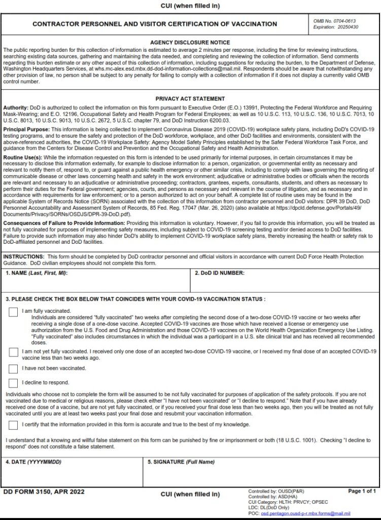 DD Form 3150 – Contractor Personnel and Visitor Certification of ...