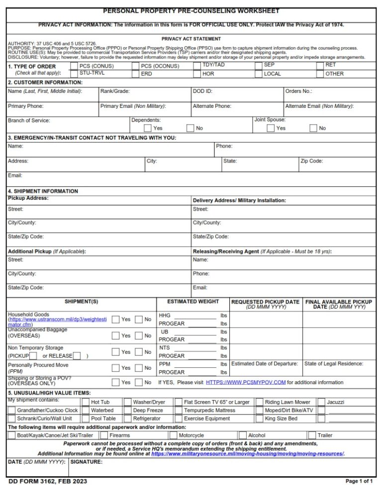 DD Form 3162 – Personal Property Pre-Counseling Worksheet - DD Forms