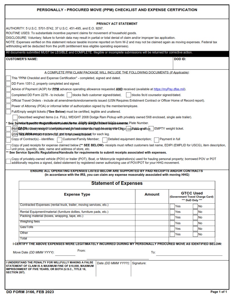 DD Form 3166 Personally Procured Move PPM Checklist And Expense