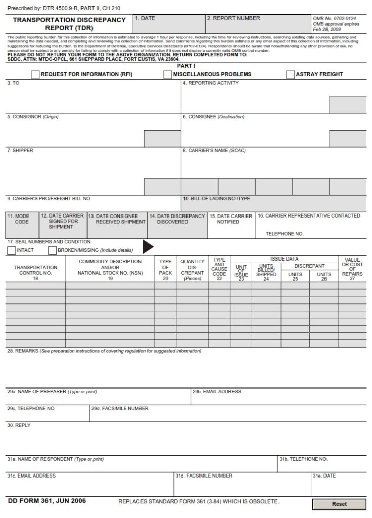 DD Form 361 – Transportation Discrepancy Report (TDR) - DD Forms