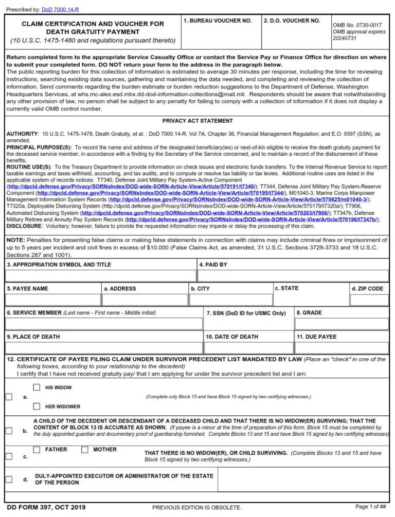 DD Form 397 – Claim Certification and Voucher for Death Gratuity ...