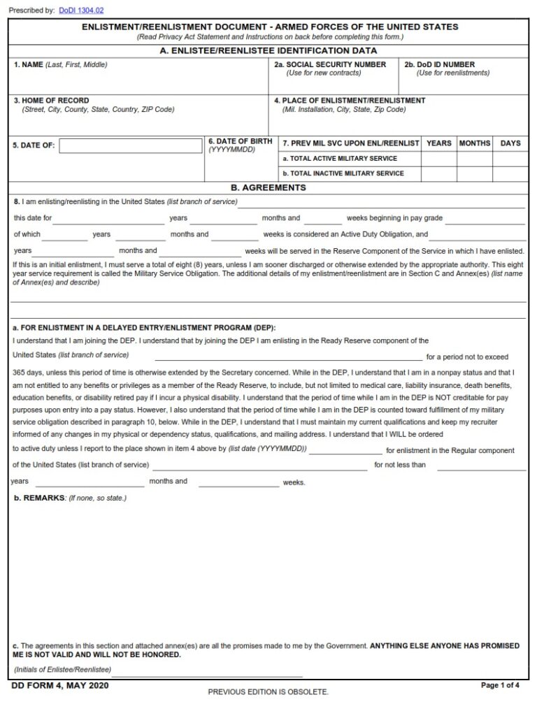 DD Form 4 – Enlistment/Reenlistment Document Armed Forces of the United ...