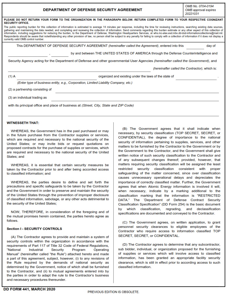 DD Form 441 Department Of Defense Security Agreement DD Forms
