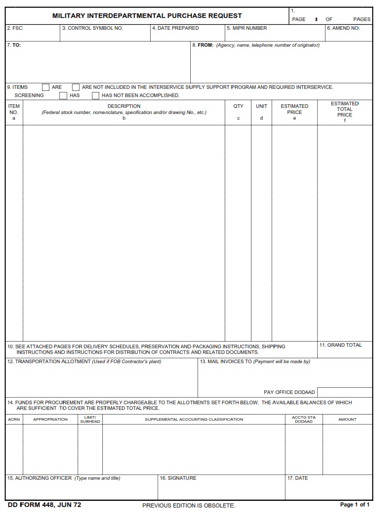 DD Form 448 Military Interdepartmental Purchase Request DD Forms