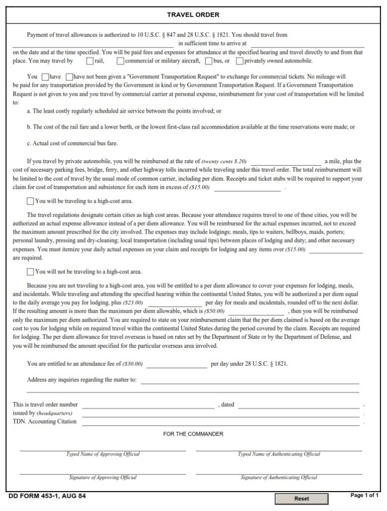 DD Form 453-1 – Travel Order - DD Forms