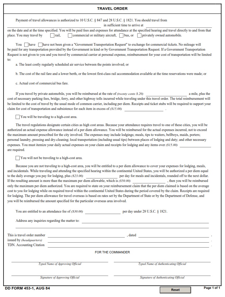 DD Form 453 1 Travel Order DD Forms