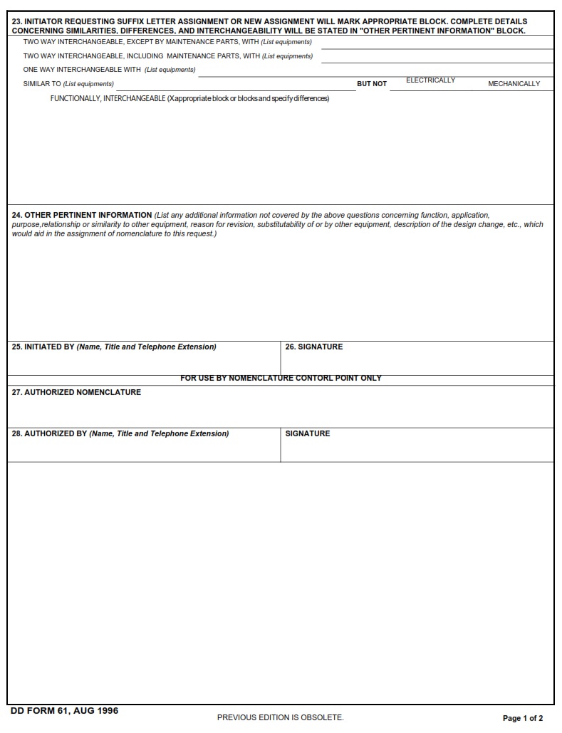 DD Form 61 Request For Nomenclature DD Forms