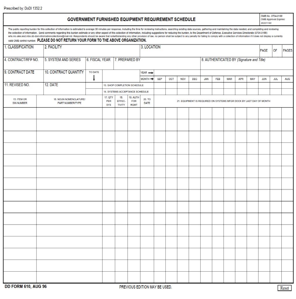 DD Form 610 – Government Furnished Equipment Requirement Schedule - DD ...