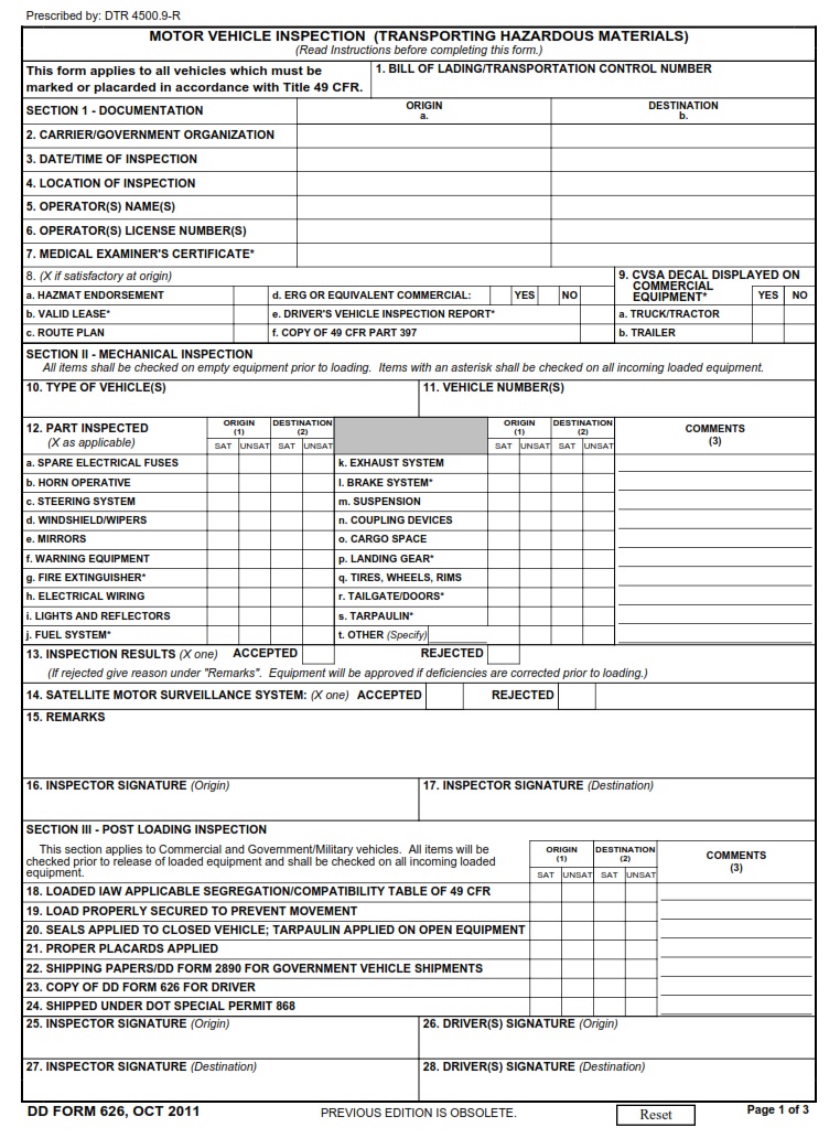 DD Form 626 Motor Vehicle Inspection Transporting Hazardous Material 